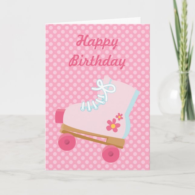 Tarjeta de cumpleaños de puntos rosados Rollerskat (Anverso)