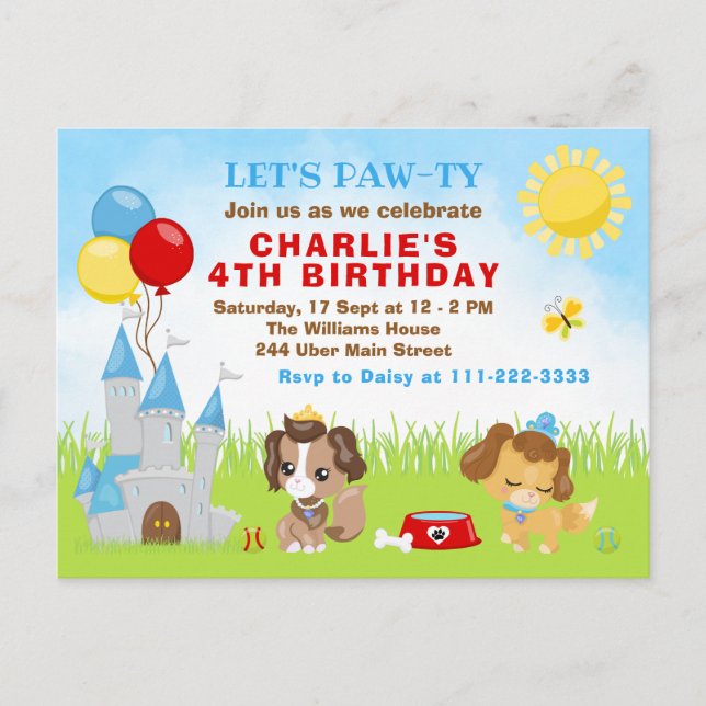 Tarjeta de cumpleaños de Puppy Dogs Castle Blue (Anverso)