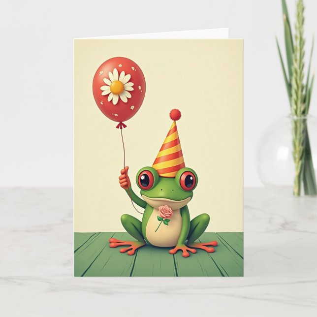 Tarjeta de cumpleaños de rana festiva (Anverso)