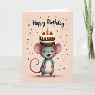 Tarjeta de cumpleaños de ratón con pastel dulce