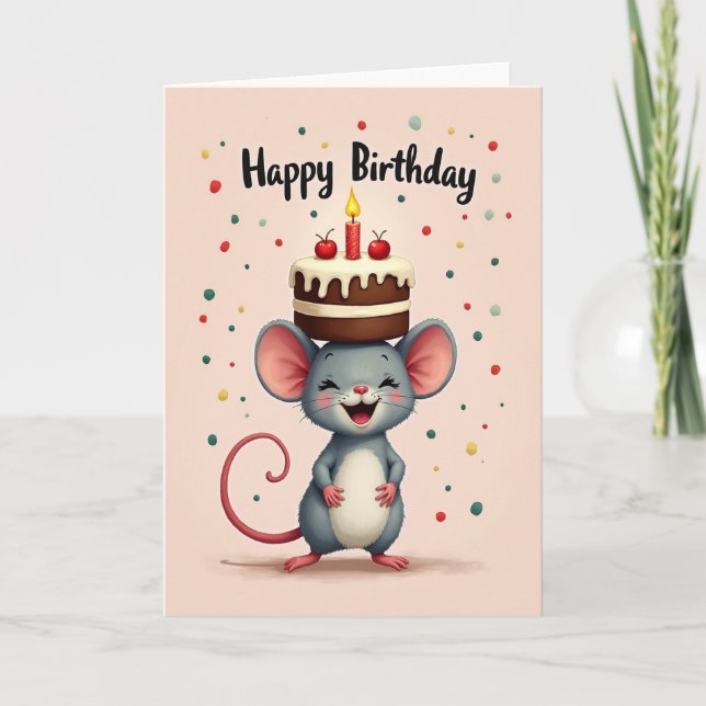 Tarjeta de cumpleaños de ratón con pastel dulce (Anverso)