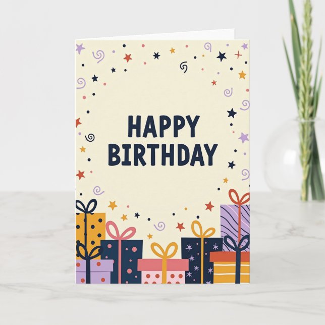 Tarjeta de cumpleaños de regalos vibrantes (Anverso)