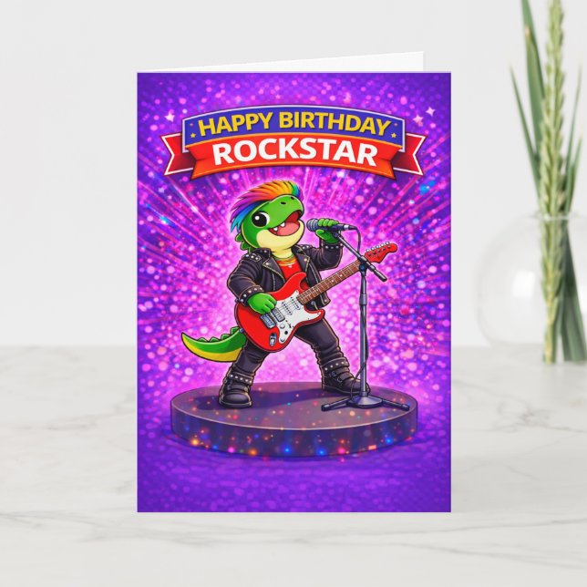 Tarjeta de cumpleaños de Rexy el dinosaurio estrel (Anverso)