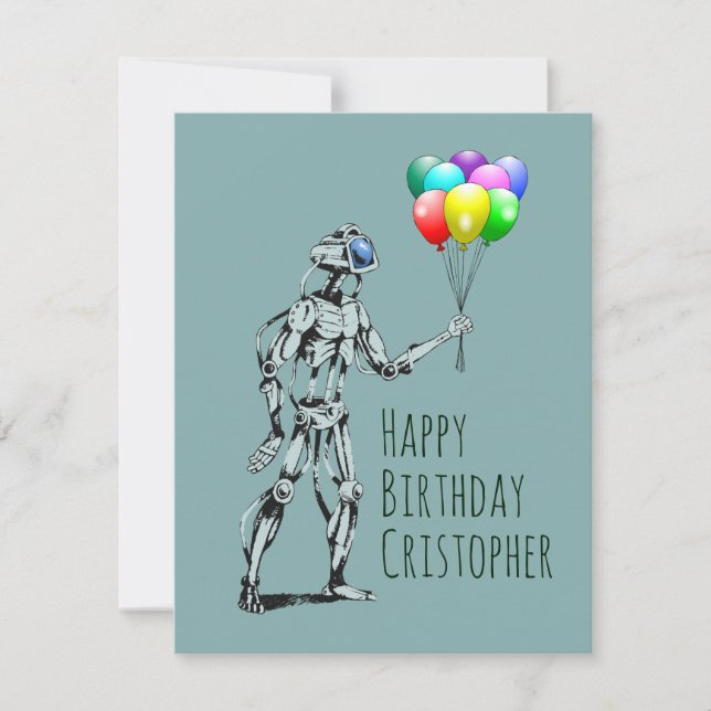 Tarjeta de cumpleaños de robot con globos (Anverso)