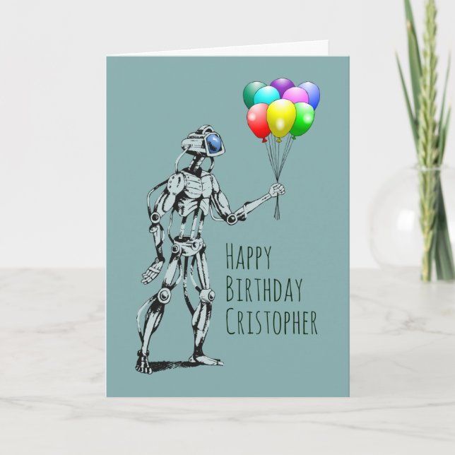 Tarjeta de cumpleaños de robot con globos (Anverso)