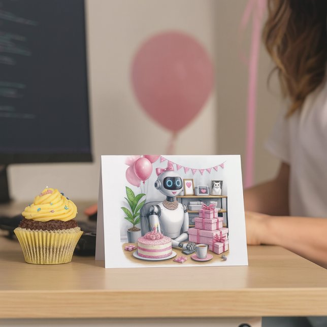 Tarjeta de cumpleaños de robot destello rosa para  ("Robot birthday card for girls who code—fun desk mockup card with cupcake and balloon blur.)
