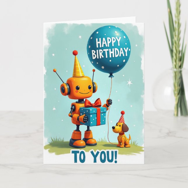 Tarjeta de cumpleaños de robot festivo (Anverso)