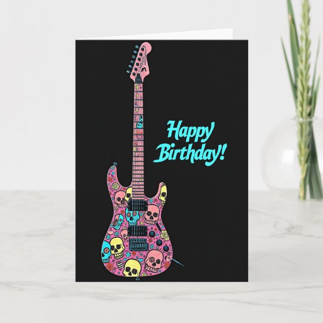 Tarjeta de cumpleaños de rockeros con calavera (Anverso)