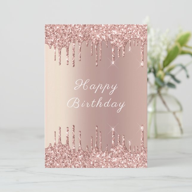 Tarjeta de cumpleaños de Rosa Gold Rubor Purpurina (Anverso de pie)