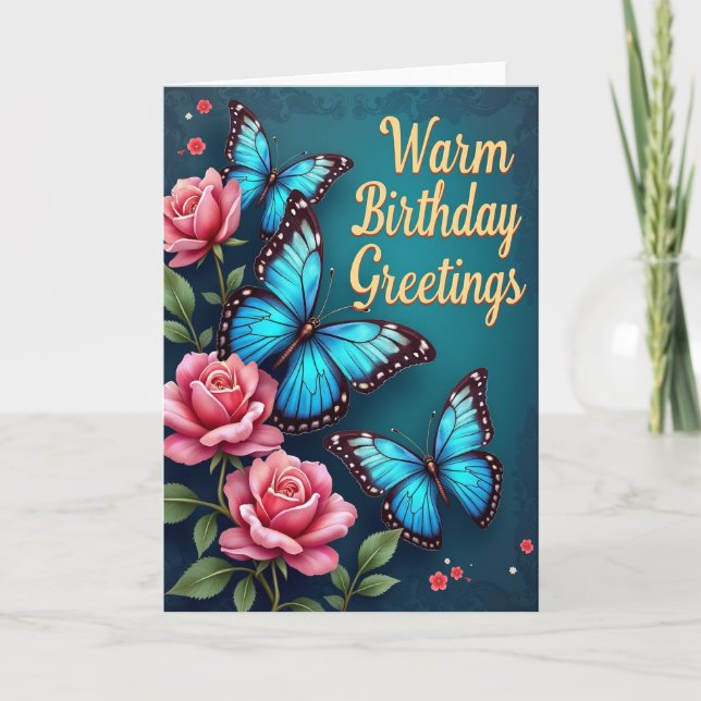 Tarjeta de cumpleaños de rosa mariposa azul (Anverso)