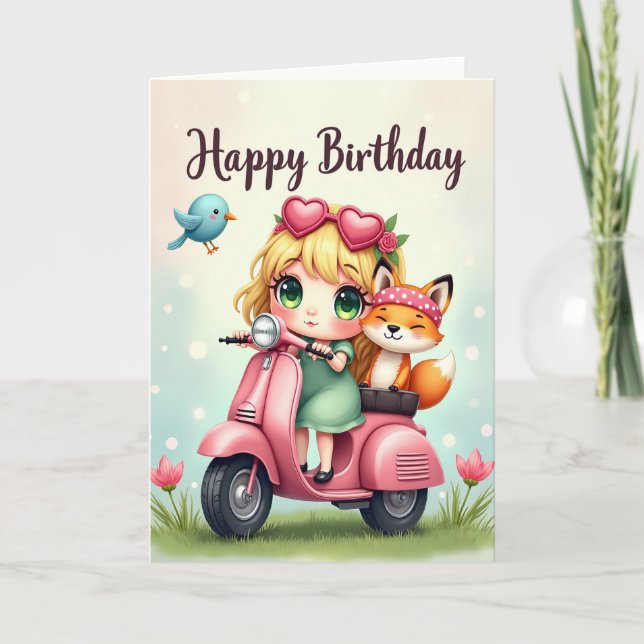 Tarjeta de cumpleaños de scooter caprichosa (Anverso)