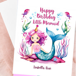 Tarjeta De Cumpleaños De Sirena Azul Y Rosa Para C