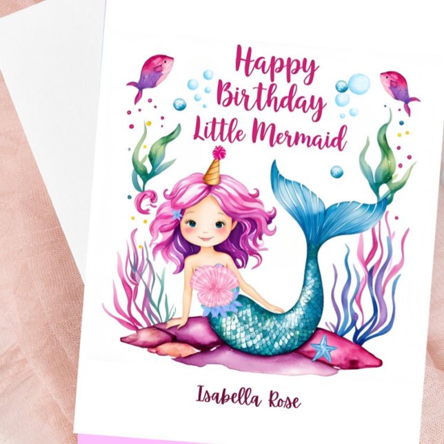 Tarjeta De Cumpleaños De Sirena Azul Y Rosa Para C (Personalized Mermaid Birthday Card)