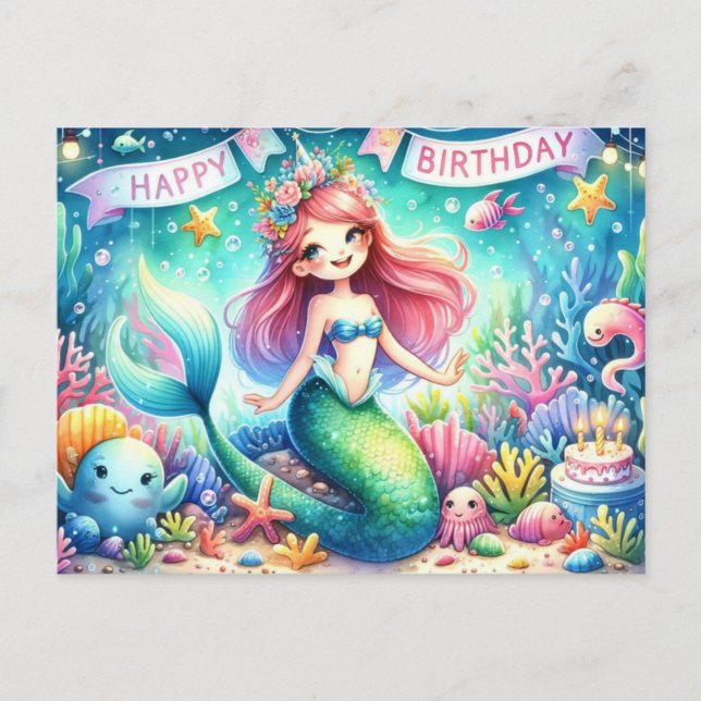 Tarjeta de cumpleaños de sirena mágica - Acuarela (Anverso)