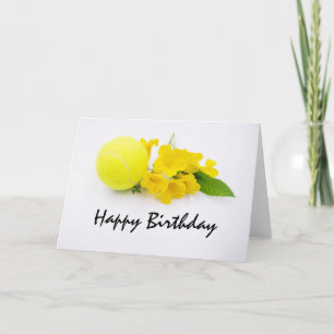 Tarjeta de cumpleaños de tenis con bola de tenis y