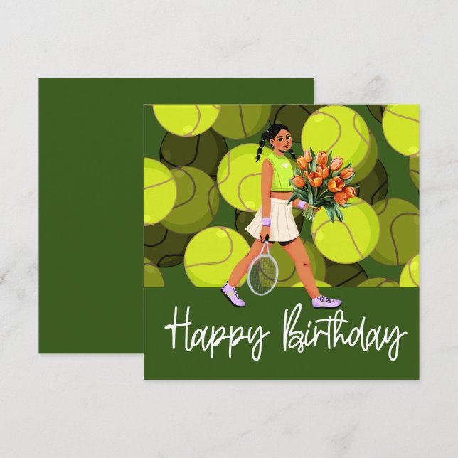 Tarjeta de cumpleaños de tenis con jugadora (Anverso / Reverso)