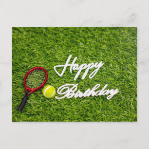 Tarjeta de cumpleaños de tenis con raqueta y bola