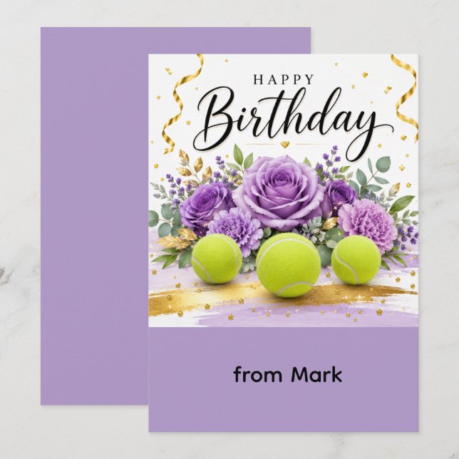 Tarjeta de cumpleaños de tenis con raqueta y flore (Anverso / Reverso)