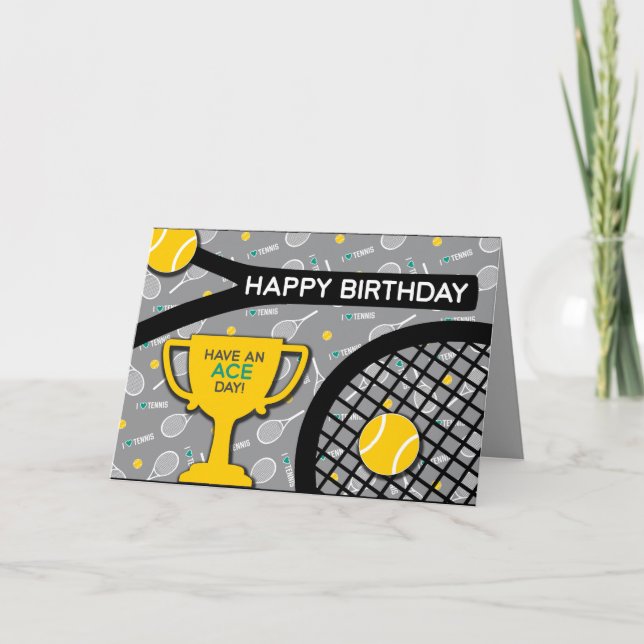 🎾 🖤 tarjeta de cumpleaños de tenis negra y amari (Anverso)