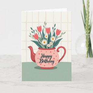 Tarjeta de cumpleaños de tetera floral