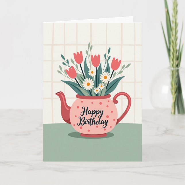 Tarjeta de cumpleaños de tetera floral (Anverso)