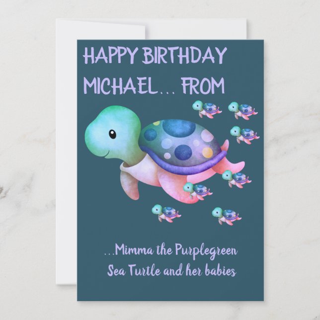 Tarjeta de cumpleaños de tortuga marina de Cute Pu (Anverso)