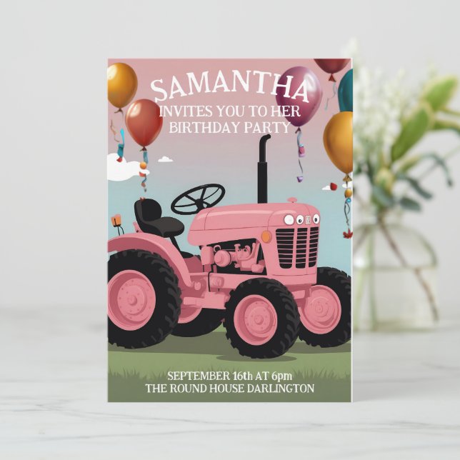 Tarjeta de cumpleaños de Tractor Rosa Cute (Anverso de pie)