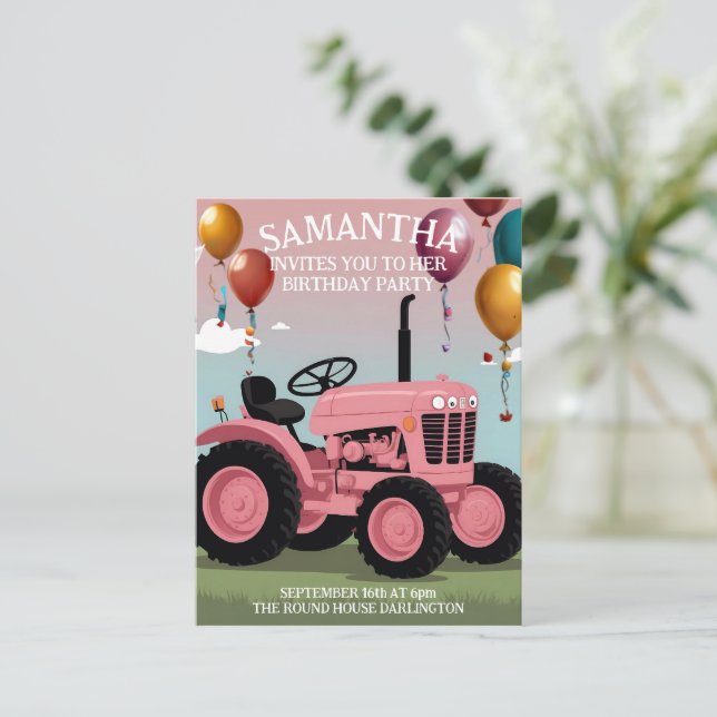 Tarjeta de cumpleaños de Tractor Rosa Cute (Anverso de pie)