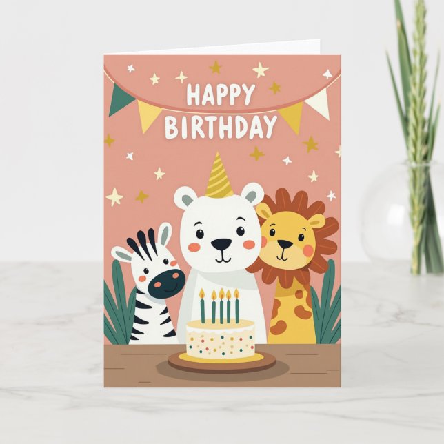 Tarjeta de cumpleaños de trío de animales alegres (Anverso)