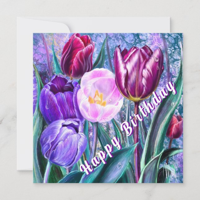 Tarjeta de cumpleaños de tulipanes coloridos (Anverso)