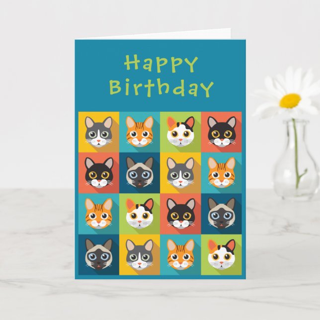 Tarjeta de cumpleaños de un gato colorido (Planta pequeña)