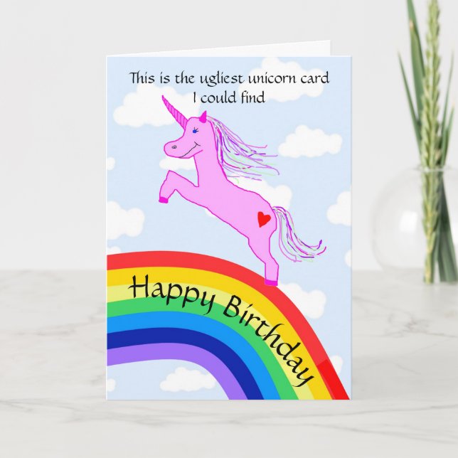 Tarjeta de cumpleaños de Unicornio feo (Anverso)
