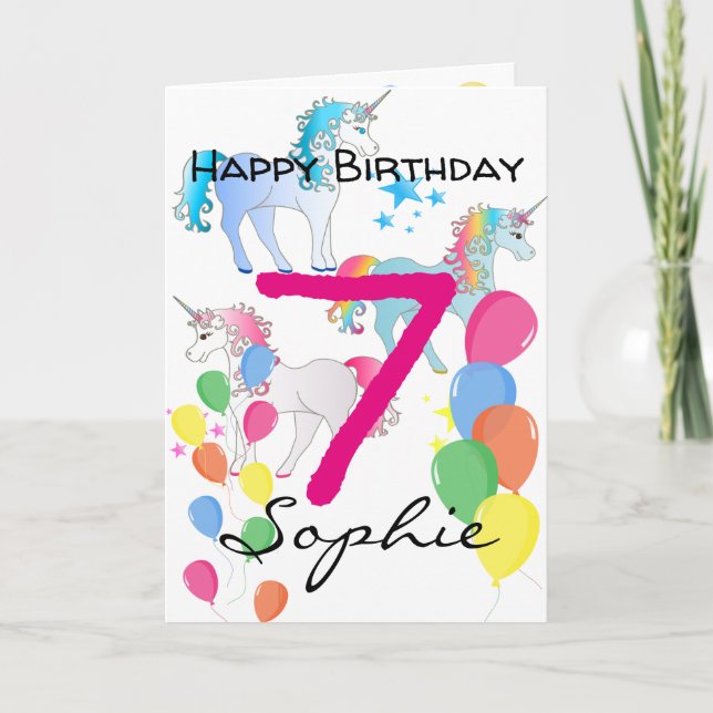 Tarjeta de cumpleaños de unicornio para niña de 7  (Anverso)