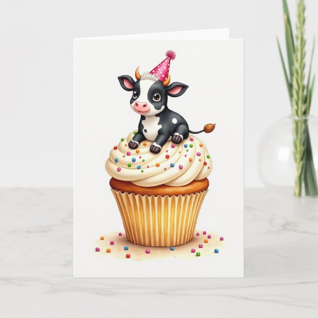 Tarjeta de cumpleaños de vaca con cupcake dulce (Anverso)