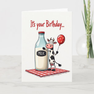 Tarjeta de cumpleaños de vaca con globo caprichosa