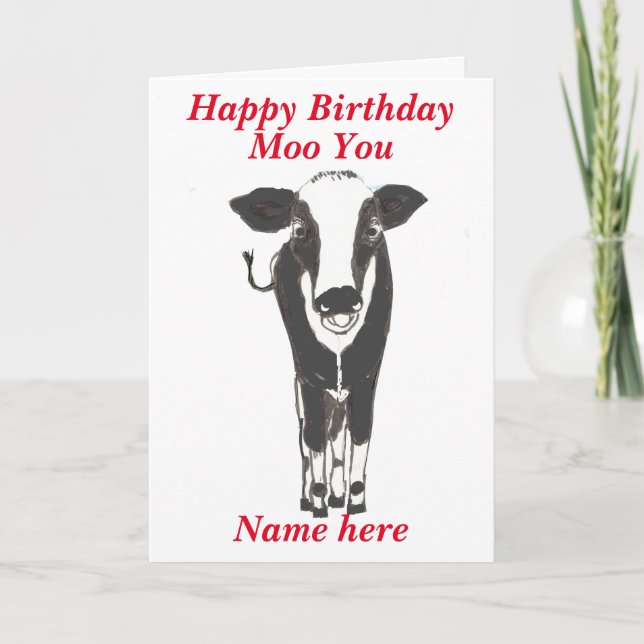 Tarjeta de cumpleaños de vaca divertida, añada el  (Anverso)
