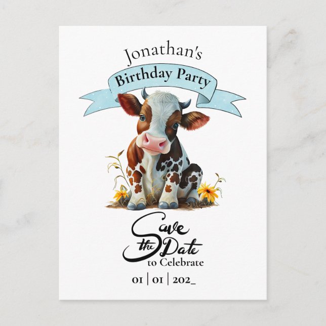 Tarjeta de cumpleaños de vaca para niño (Anverso)