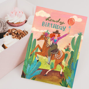 Tarjeta de cumpleaños de vaquera y caballo del oes