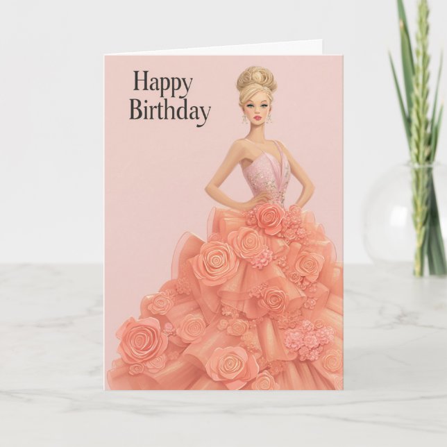 Tarjeta de cumpleaños de vestido de rosa melocotón (Anverso)