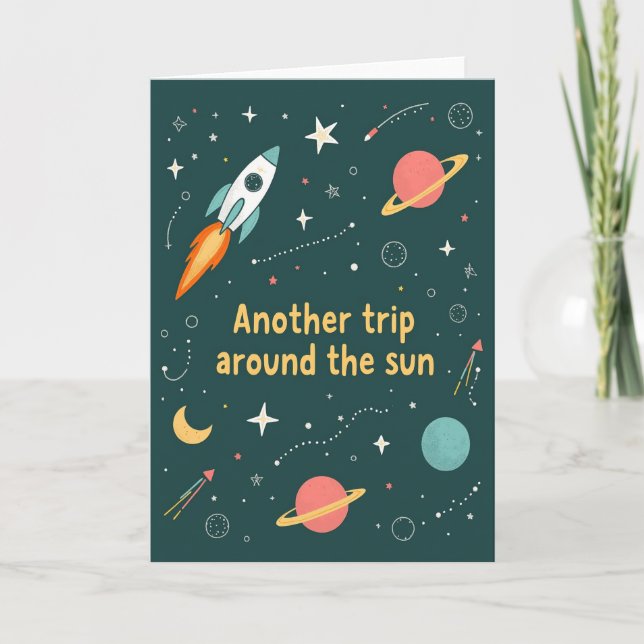 Tarjeta de cumpleaños de viaje en cohete (Anverso)
