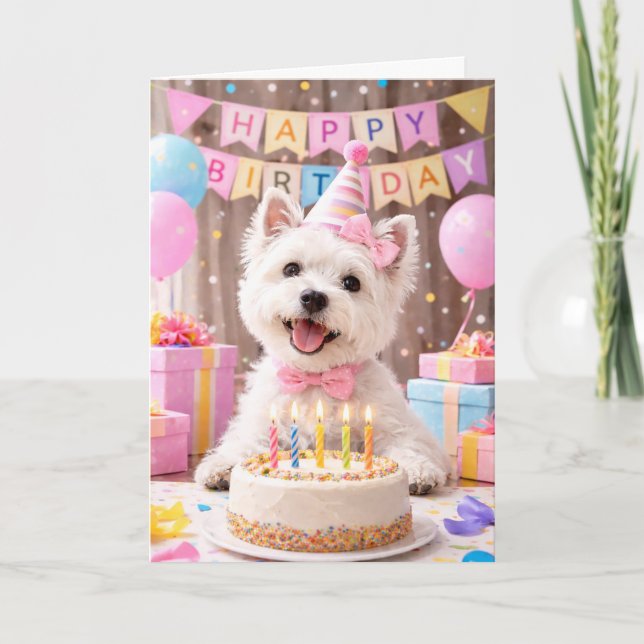 Tarjeta de cumpleaños de Westie con pastel | Tarje (Anverso)