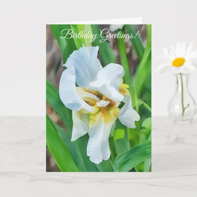Tarjeta de cumpleaños de White Iris Flower Art Gar (Planta pequeña)