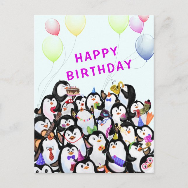 Tarjeta de cumpleaños del bebé Fiesta de pingüinos (Anverso)