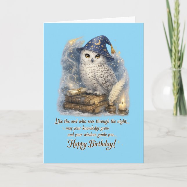 Tarjeta de cumpleaños del búho de nieve Sabiduría  (Anverso)