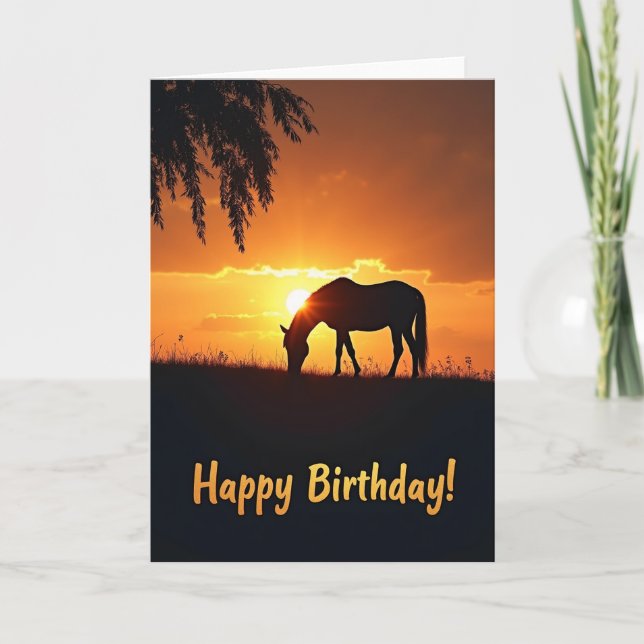 Tarjeta de cumpleaños del caballo al atardecer (Anverso)