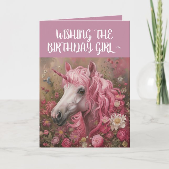 TARJETA DE CUMPLEAÑOS DEL CHICA DE UNICORN ROSA (Anverso)