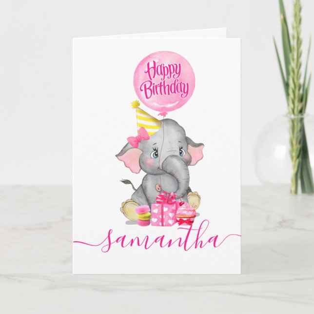 tarjeta de cumpleaños del chica del elefante lindo (Anverso)