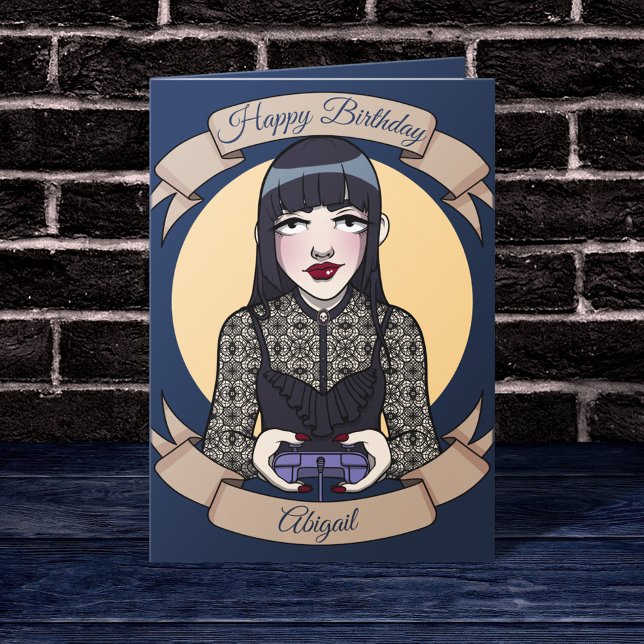 Tarjeta de cumpleaños del Chica del jugador del Pe (Mockup of card in dark room)