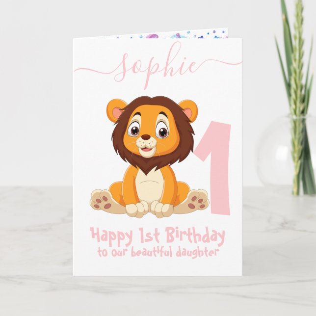 tarjeta de cumpleaños del chica del león lindo (Anverso)