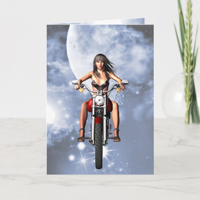 Tarjeta de cumpleaños del chica motociclista (Anverso)